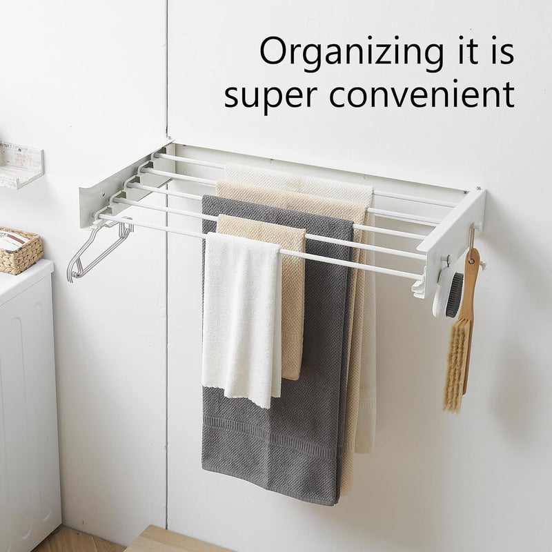 RFOUO Clothes Drying Rack,Laundry Hanging Rack Collapsible,Wall Mounted Drying Rack for Laundry,Foldable Drying Rack Indoor Outdoor,31.5" Wide,5 Aluminum Rods with Hooks, 60 lb Capacity (White 31.5" Hooks) - Image 4